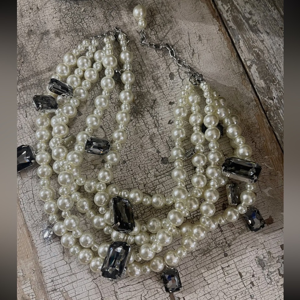 Pearl & Crystal 5-Strand Choker Necklace • Statement Multi-Layer Sparkle •